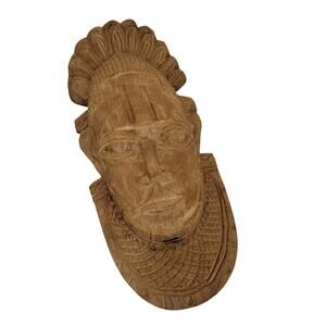 Vintage Hand Carved Queen Idia Benin Mask African Mahogany Wood Wall Art 14.5"